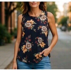 Hount Rosette Top Feminine Whimsical Sleeveless Nylon Multi Floral Black Sz Med